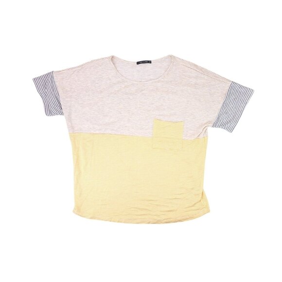 Pink Clover Tops - Pink Clover Women Colorblock Striped Short Sleeve Pocket Tee Blouse Large Yellow